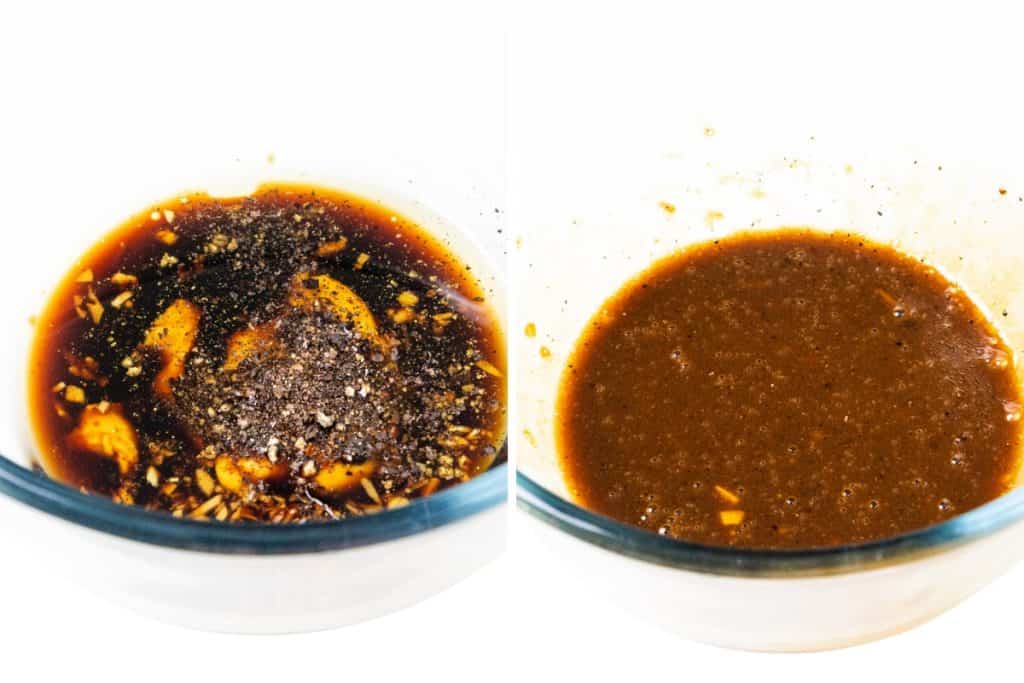 Two side-by-side images show a glass bowl with marinade ingredients&mdash;soy sauce, minced garlic, ginger, and black pepper&mdash;on the left, and the smooth marinade for steak on the right, perfect for making marinated steak in a skillet.