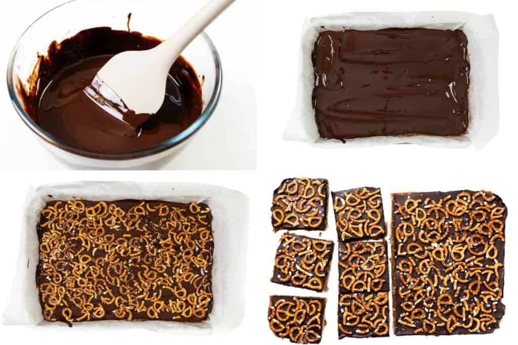 A collage showing melted chocolate in a bowl with a spatula, a baking tray with chocolate spread, the tray topped with pretzels, and the finished salted caramel chocolate pretzel bars cut into squares.
