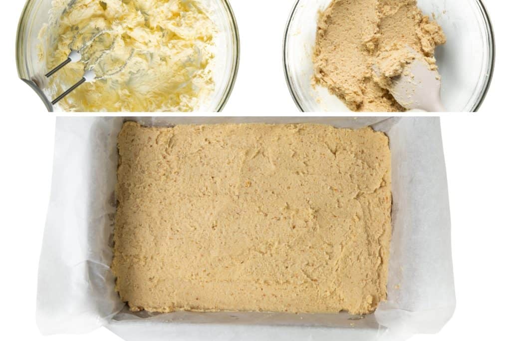 top left shows creamed butter in a glass bowl with beaters; top right shows thick salted caramel bar dough with a spatula; bottom shows dough spread evenly in a parchment-lined baking pan.