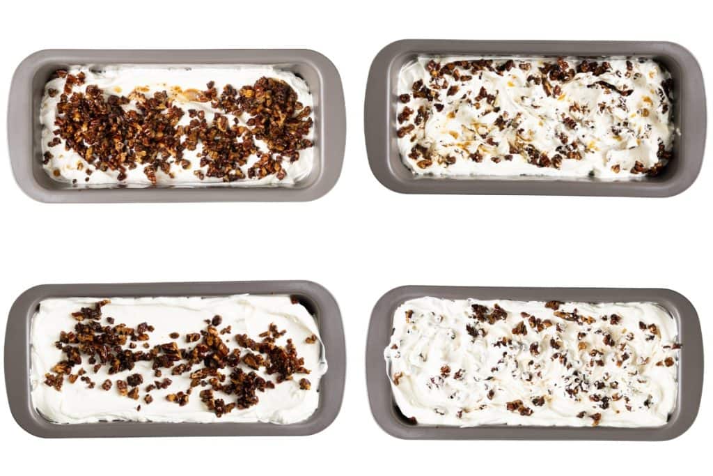 Four metal trays filled with white ice cream, including rich butter pecan ice cream topped with chopped nuts and chocolate pieces, are arranged in a grid on a white background.