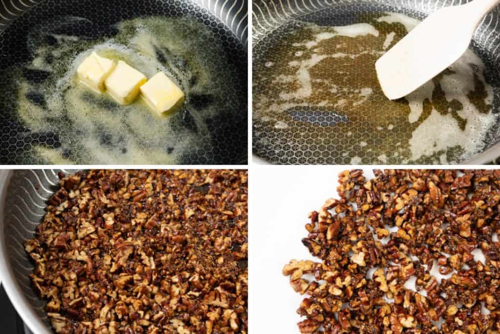 Four images: melting butter in a pan, stirring melted butter, toasting chopped pecans in the pan for Butter Pecan Ice Cream, then spreading the toasted pecans on a white surface to cool.