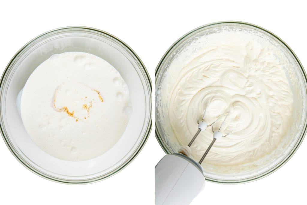 Two glass bowls: the left bowl contains liquid cream with a small amount of vanilla—essential for making a classic butter pecan ice cream base—while the right bowl shows whipped cream being mixed with an electric hand mixer.