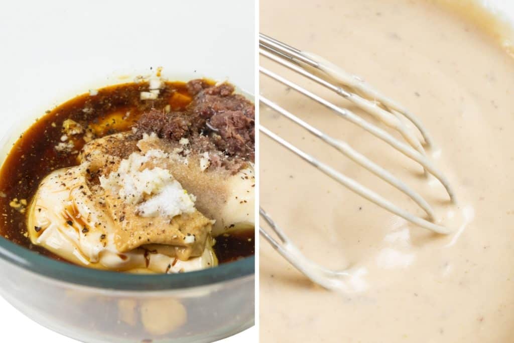  on the left, ingredients like mayonnaise, mustard, Worcestershire sauce, garlic, and spices in a bowl; on the right, a whisk mixes the creamy sauce perfect for a Chicken Caesar Wrap.