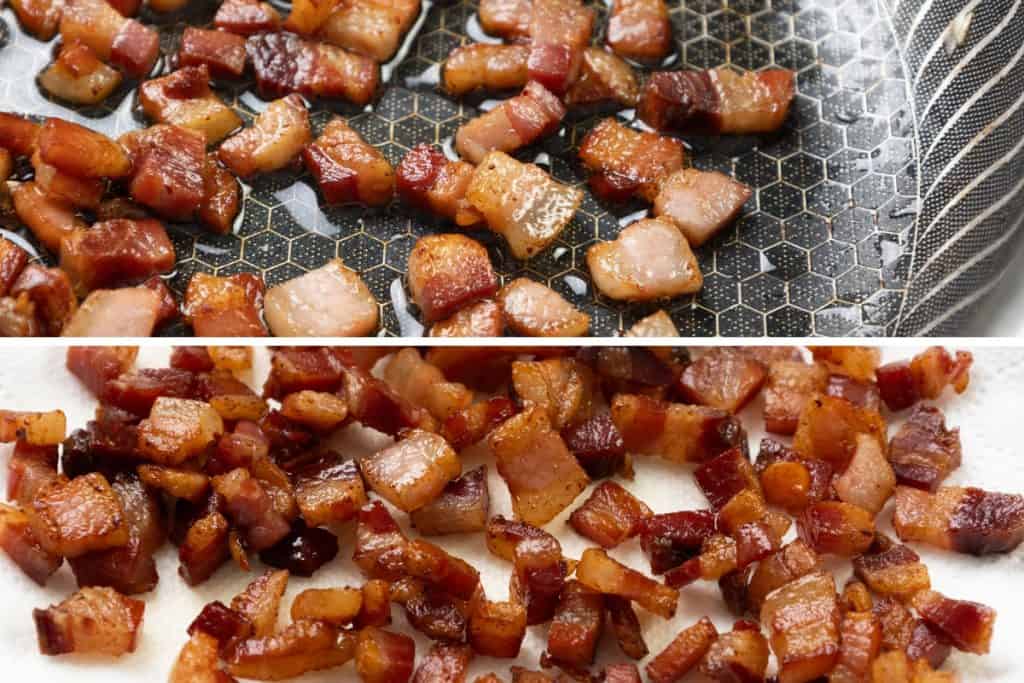  The top shows diced bacon frying in a pan; the bottom shows the cooked bacon pieces draining on a paper towel, perfect for adding crunch to a Chicken Caesar Wrap.