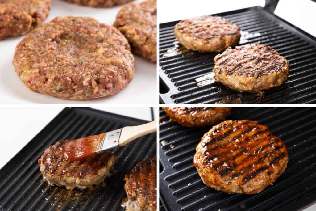 A four-step collage shows Meatloaf Burgers: raw and seasoned patties, grilling on a pan, brushed with sauce, and finally cooked to perfection with distinct grill marks and a glossy sauce glaze.