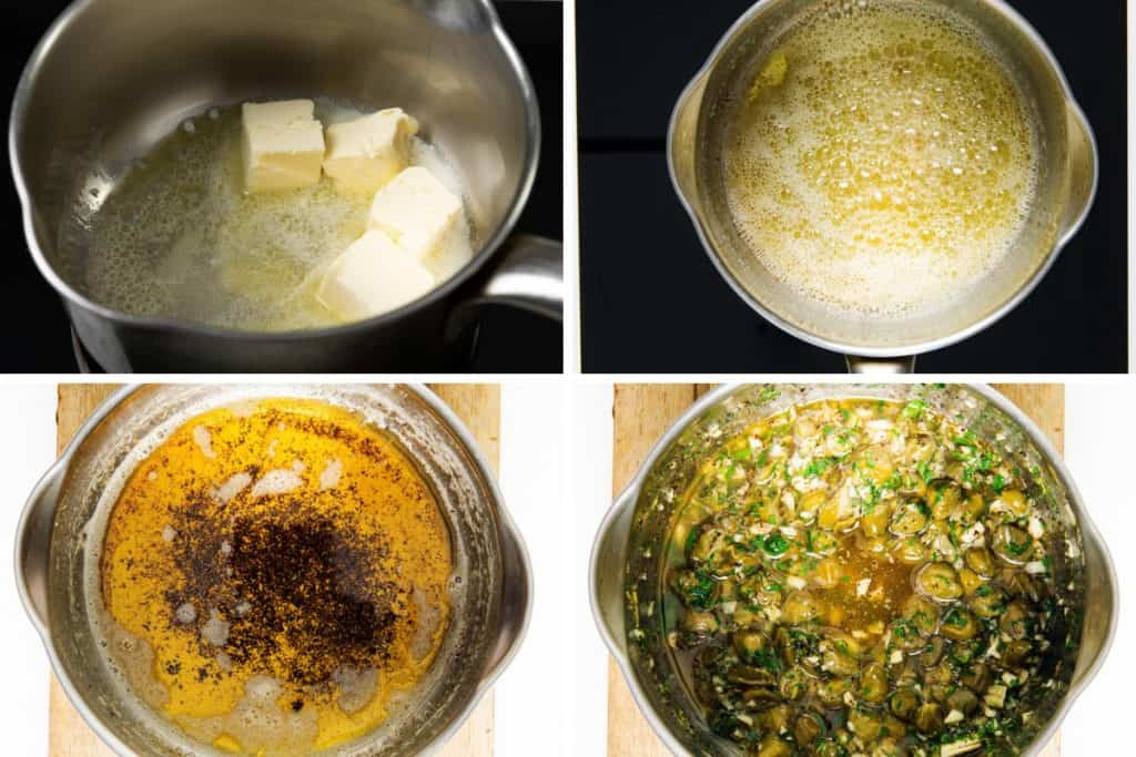 Four images show butter melting, browning into a rich brown butter sauce, spices being added, and a mixture with herbs and chopped mushrooms in a saucepan on a wooden surface—perfect for serving alongside your favorite pan seared scallops or as part of an elegant scallop recipe.