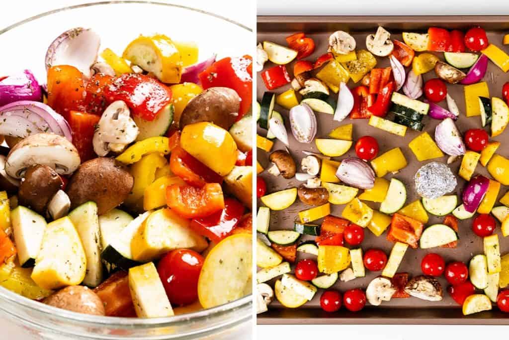 A bowl of mixed raw summer vegetables and a baking sheet with the same vegetables—mushrooms, tomatoes, onions, bell peppers, and zucchini—spread out and ready for roasting. These colorful roasted vegetables are perfect for bringing out the natural flavors of your favorite garlic-herb seasonings.