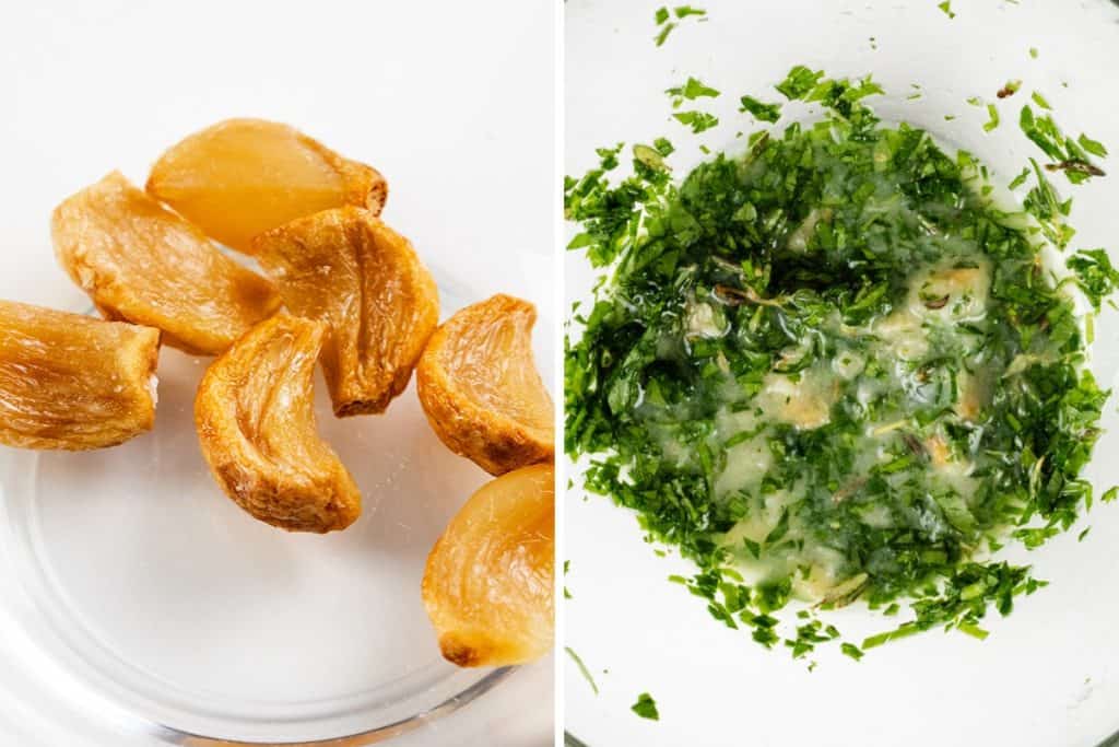 Left: Roasted garlic cloves on a clear plate. Right: Chopped fresh herbs and mashed garlic mixed with oil in a white bowl, creating a vibrant Garlic-Herb blend perfect for drizzling over summer vegetables or roasted vegetables.
