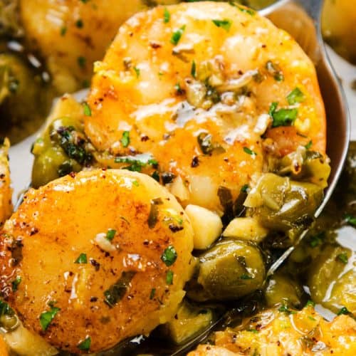 Seared scallops garnished with chopped herbs and surrounded by a savory green sauce with capers. The golden brown scallops are juicy and flavorful, accented by a rich brown butter garlic sauce that enhances every bite.