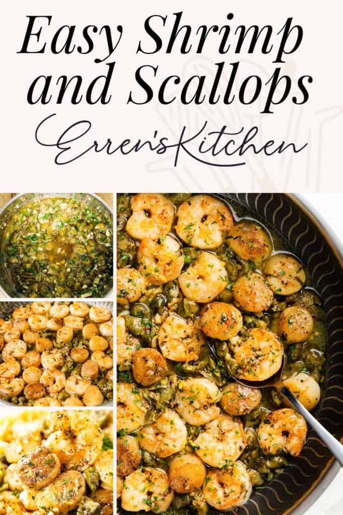 Collage showing cooked shrimp and scallops in a garlic sauce, garnished with herbs, in bowls and pans, with the text “Easy Shrimp and Scallops, Erren’s Kitchen” at the top. This mouthwatering presentation highlights the simplicity of making Easy Shrimp and Scallops for a delicious meal any night of the week.