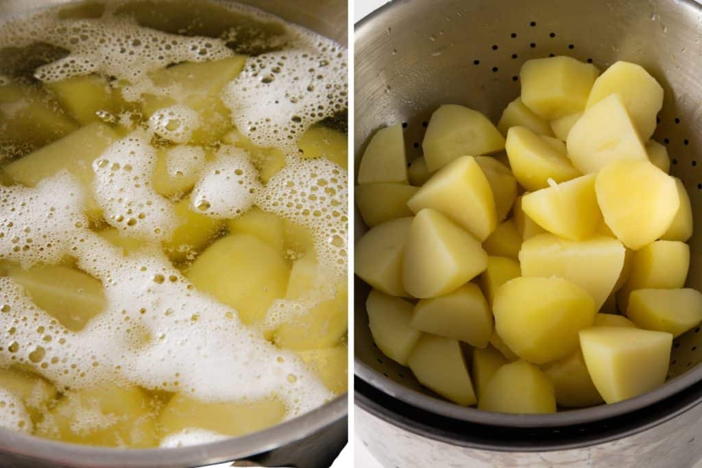 Left: Potato chunks boiling in foamy water. Right: Drained, cooked potato chunks in a colander—perfectly prepped for making Greek Lemon Potatoes.