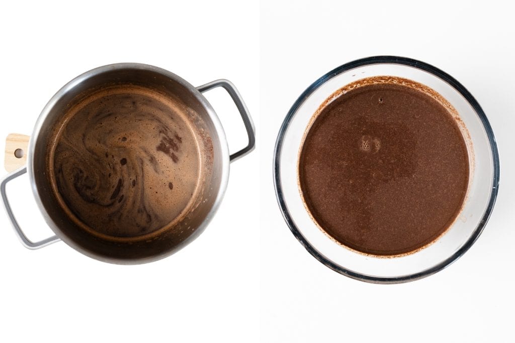Two bowls top-down: left, a metal pot with swirled hot chocolate mixture; right, a glass bowl with smooth chocolate batter reminiscent of tiramisu. Both are on a white background.