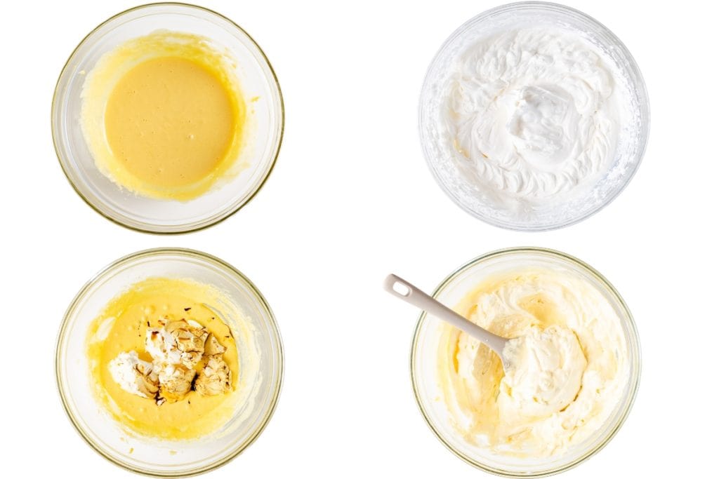 Four glass bowls show stages of mixing ingredients for Hot Chocolate Tiramisu: batter, whipped cream, partly combined mixture, and the final creamy tiramisu mixture with a spatula. All bowls are on a white background.