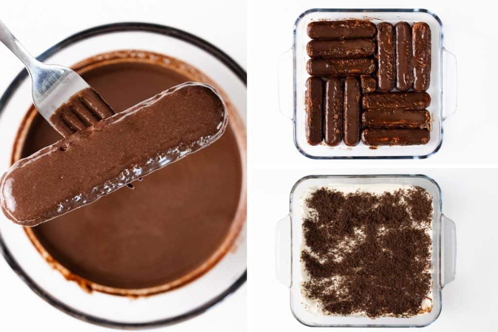 A fork dips a ladyfinger into chocolate; next to it, ladyfingers are layered in a dish, and another dish has cream and chocolate crumbs on top, showing steps of making hot chocolate tiramisu.