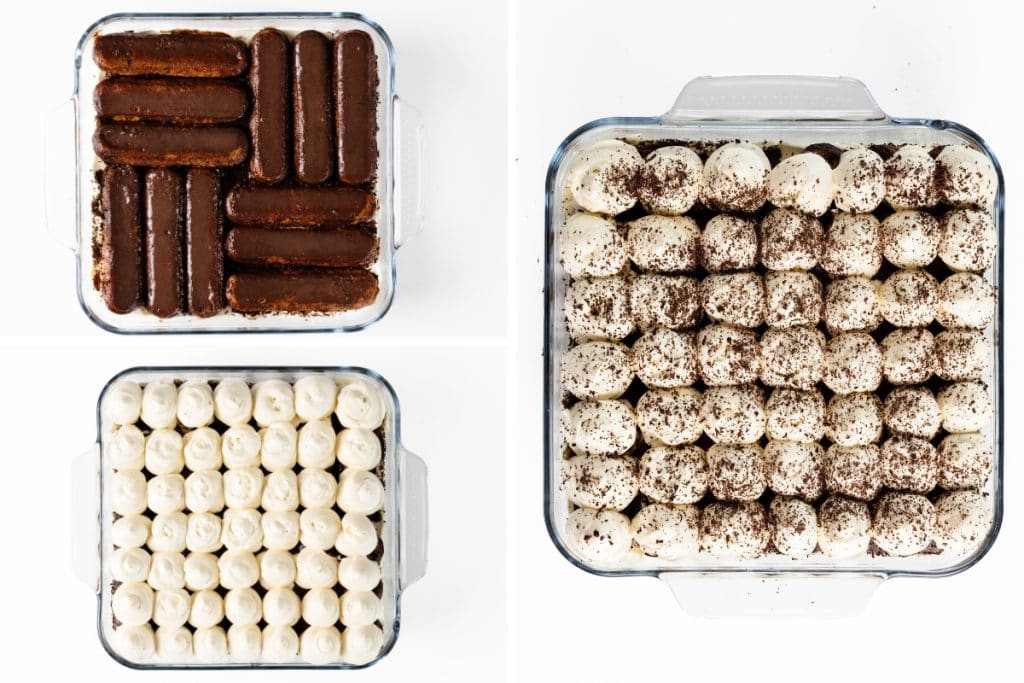 Three-step tiramisu assembly: ladyfinger cookies dipped in coffee and hot chocolate, topped with piped mascarpone cream, then finished with cocoa powder in a square glass dish on a white background. This Hot Chocolate Tiramisu adds a delightful twist to the classic dessert.