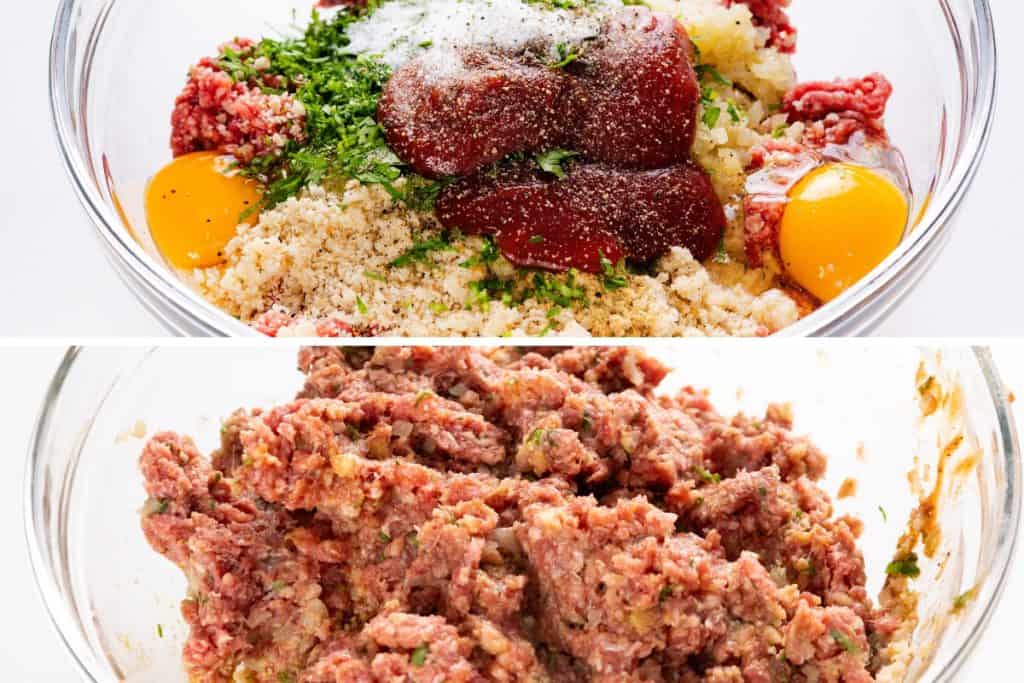 Top: A glass bowl with ground meat, eggs, breadcrumbs, herbs, spices, and ketchup—classic Meatloaf ingredients. Bottom: The mixture blended into a uniform base, ready to shape into delicious Meatloaf Burgers or classic meatloaf.