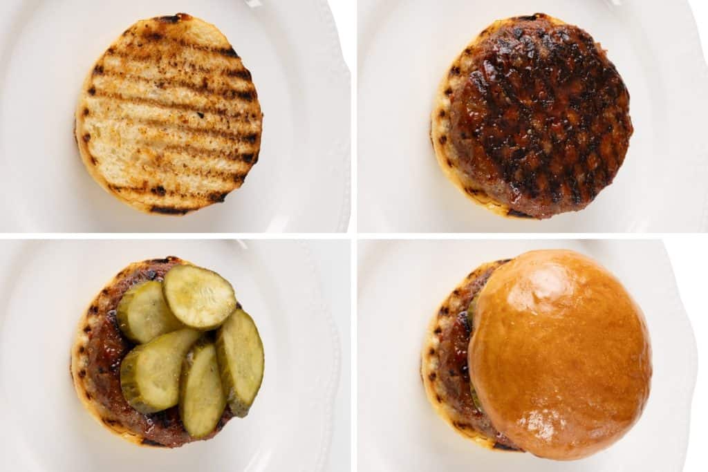 Four images show the step-by-step assembly of delicious burgers: a grilled bun bottom, a cooked meatloaf burger patty, sliced pickles on the patty, and the completed burger with the top bun.