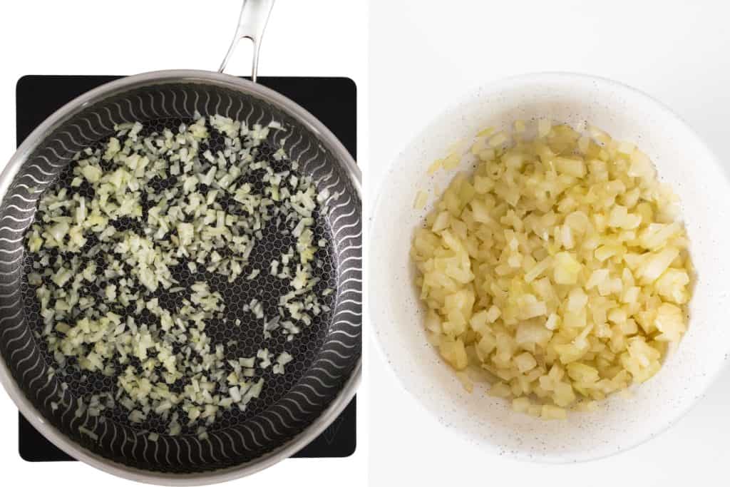 A split image showing chopped onions being sautéed in a pan on the left, and the cooked, softened onions in a white speckled bowl on the right—perfect for adding savory flavor to Meatloaf Burgers. Both images are set against white backgrounds.
