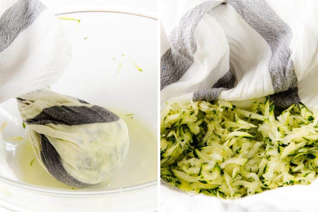 A striped kitchen towel squeezes liquid from shredded zucchini over a bowl on the left; on the right, shredded zucchini rests in the towel&mdash;perfectly prepped for Mediterranean lamb burgers.