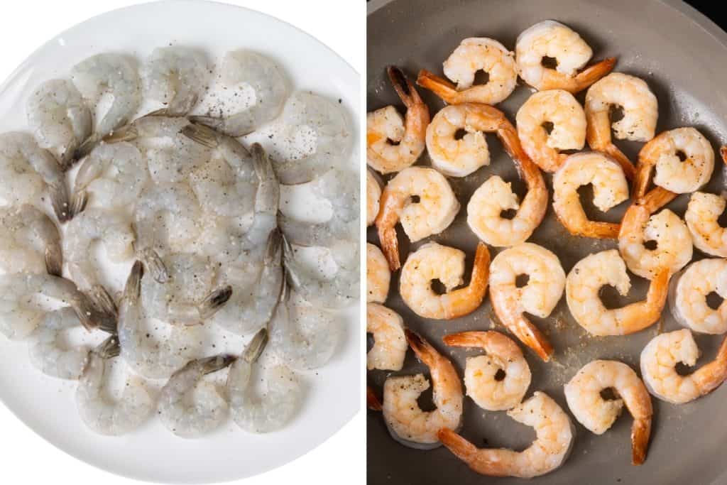 Left: Raw, seasoned shrimp arranged on a white plate alongside fresh zucchini slices. Right: The same shrimp, now cooked and slightly curled, nestled in a skillet with tender zucchini and one-pan orzo for an easy, vibrant meal.