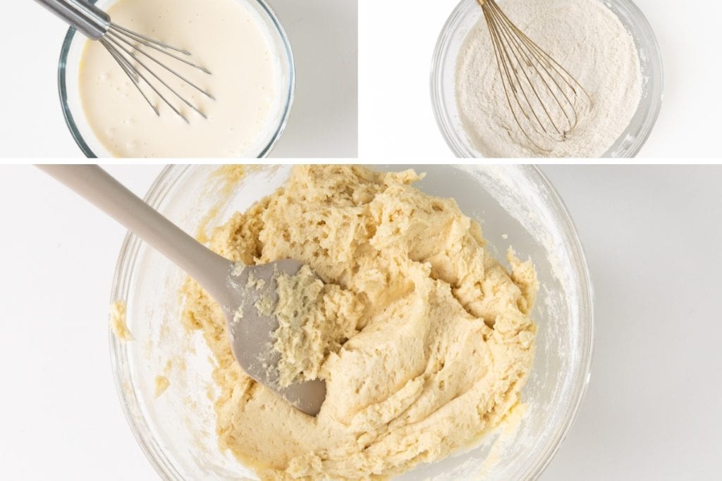 Three bowls show Berry Cobbler dough-making steps: top left is a whisk in liquid, top right is a whisk in flour, and bottom is a bowl of mixed dough with a spatula.