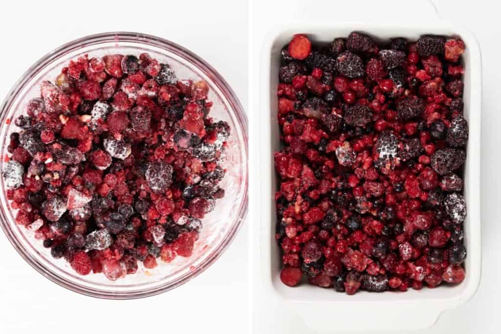 Split image: Left, a glass bowl filled with mixed frozen berries coated in sugar, ready for a delicious Berry Cobbler. Right, the same berries spread evenly in a white rectangular baking dish, ready to be baked into a classic cobbler dessert. Both are set against clean white backgrounds.