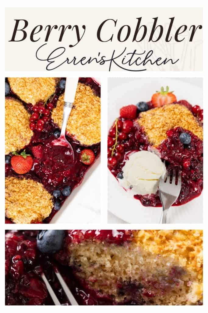 A delicious Berry Cobbler dessert with a golden topping, served with fresh berries and a scoop of vanilla ice cream on a white plate. A fork rests beside the cobbler, inviting you to enjoy every sweet bite of this classic treat.
