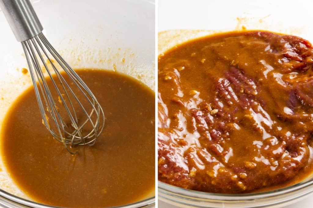 A whisk in a bowl of brown garlic marinade on the left; steak coated in the same marinade in a bowl on the right.