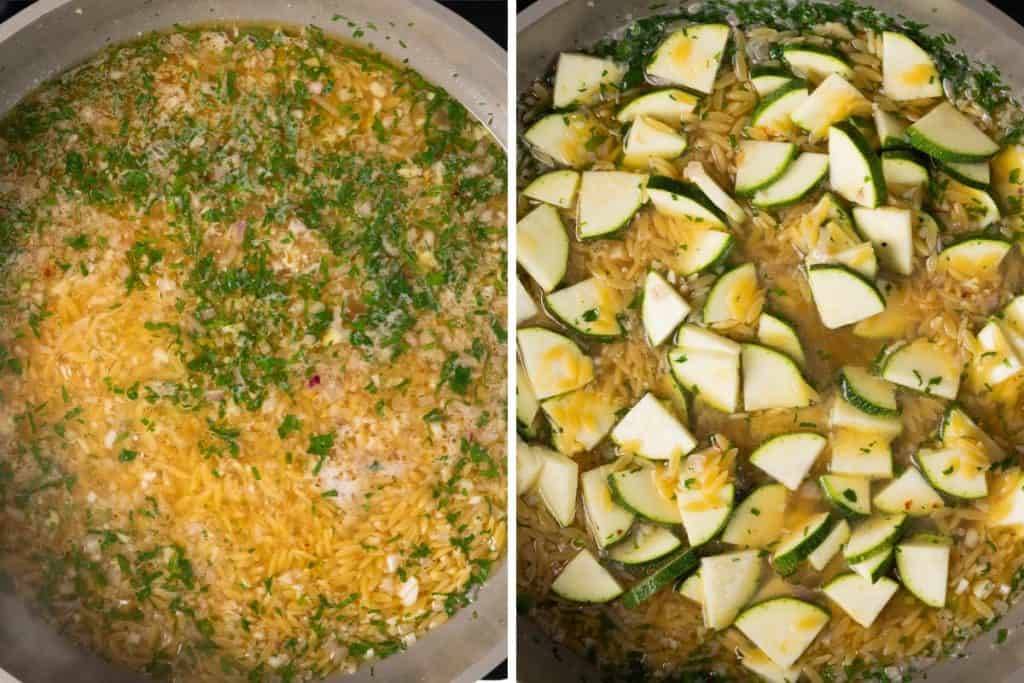 Side-by-side close-ups of a skillet with orzo and fresh herbs on the left, and orzo simmering with chopped zucchini and savory broth on the right—perfect foundations for adding plump shrimp for a delicious meal.