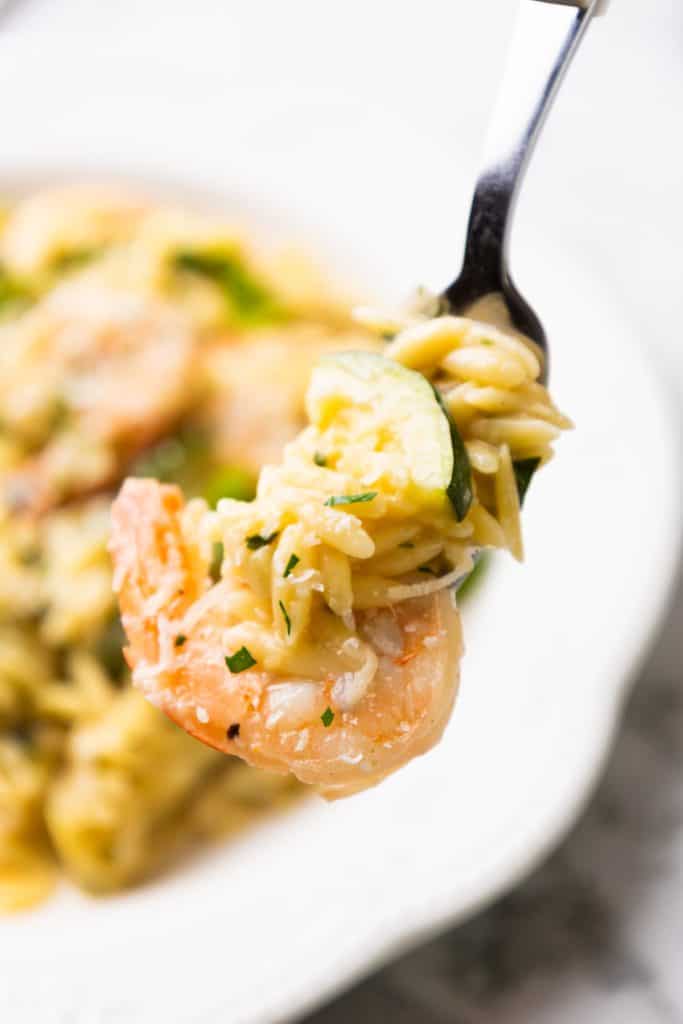 A close-up of a fork holding a bite of orzo pasta with shrimp, zucchini, and herbs, with more pasta and shrimp blurred in the background on a white plate.
