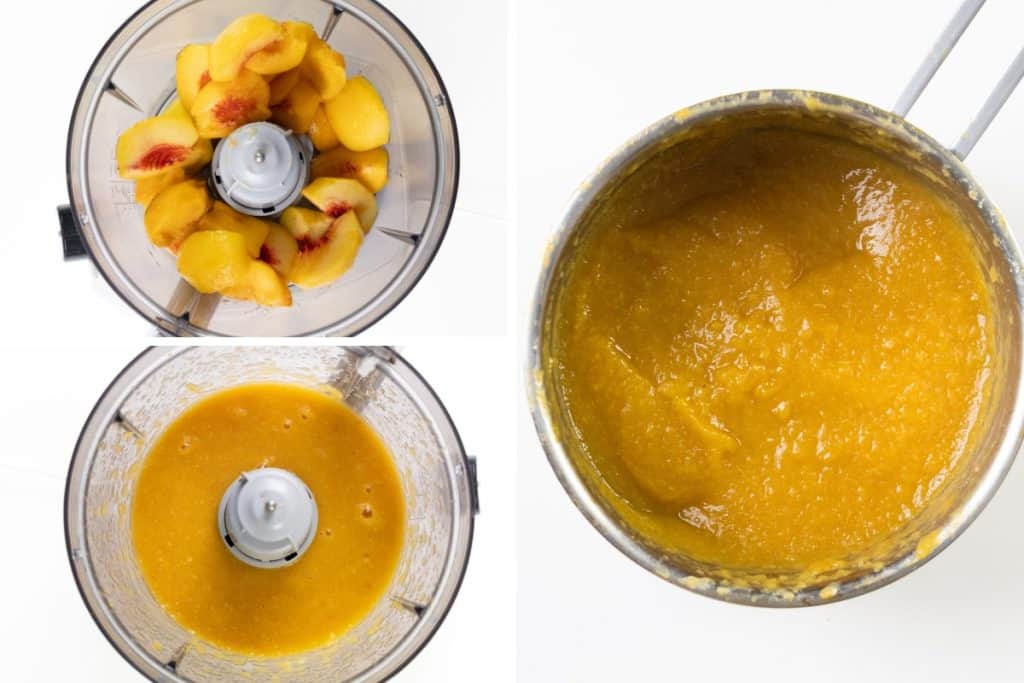 Three images: chopped peaches in a food processor, blended peach puree in the processor, and thick peach sauce in a saucepan—perfect for creating the luscious filling or topping for Peaches and Cream Cupcakes.