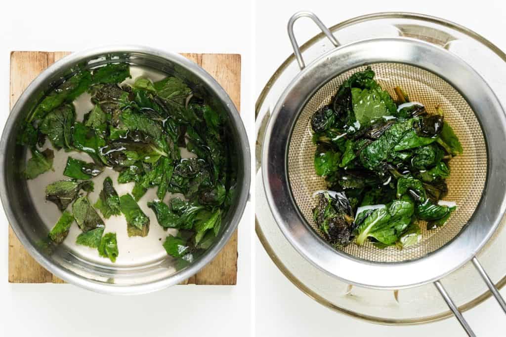 Two images: on the left, chopped greens soaking in water in a bowl—prepping fresh flavors reminiscent of fresh mint ice cream; on the right, the greens draining in a fine mesh strainer over a glass bowl.