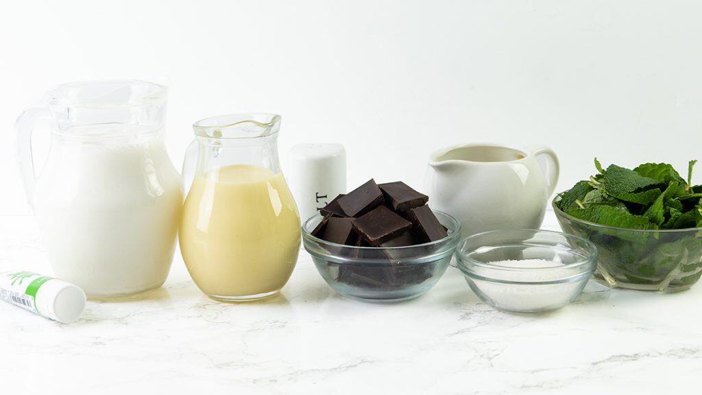 A collection of ingredients, perfect for making Mint Chocolate Chip Ice Cream, including milk, cream, condensed milk, dark chocolate chip pieces, sugar, fresh mint leaves, and a small tube—all artfully arranged on a white surface.