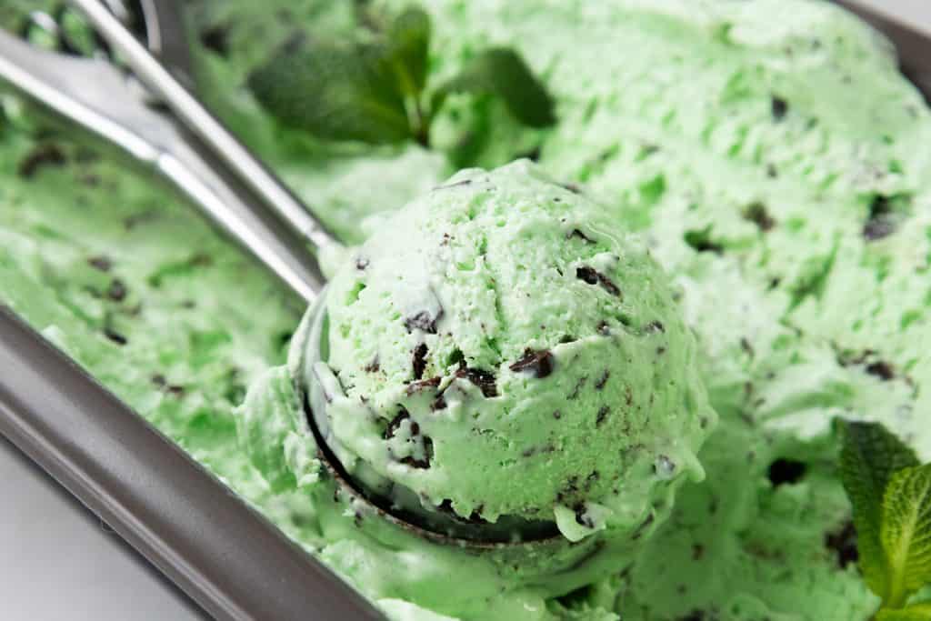 A close-up of a scoop of mint chocolate chip ice cream in a container, with bits of chocolate chip and a sprig of fresh mint visible nearby. An ice cream scooper rests in the creamy, pale green dessert.
