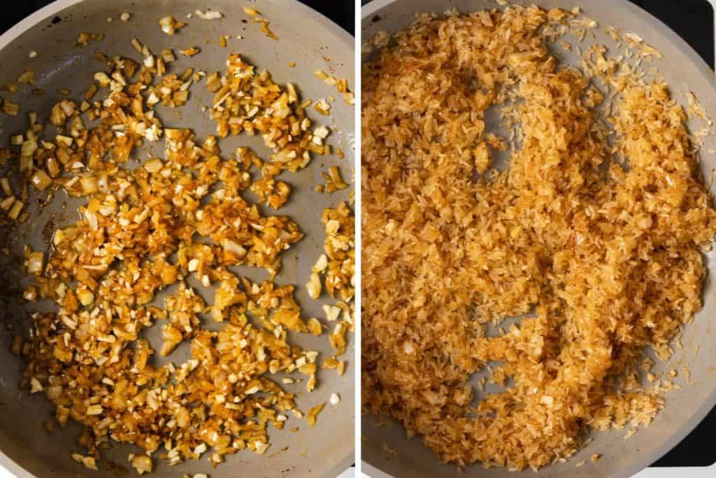 Side-by-side images: Left shows chopped onions and garlic saut&eacute;ing in a pan. Right shows rice being added and toasted, turning light brown in the same pan&mdash;a delicious foundation for one-pot chicken and rice.