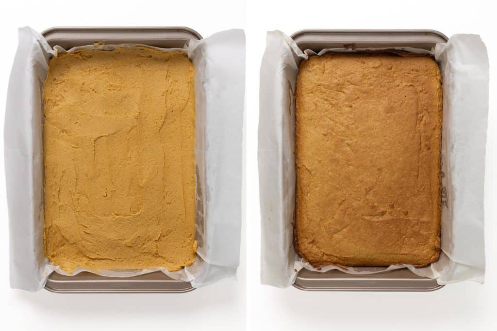 Side-by-side view of a baking pan containing raw batter for pumpkin spice bars on the left and the baked, golden-brown dessert on the right.