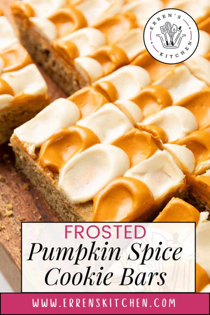Frosted Pumpkin Spice Cookie Bars with dollops of orange and white icing, featuring the text “Frosted Pumpkin Spice Cookie Bars” and the Erren’s Kitchen logo.