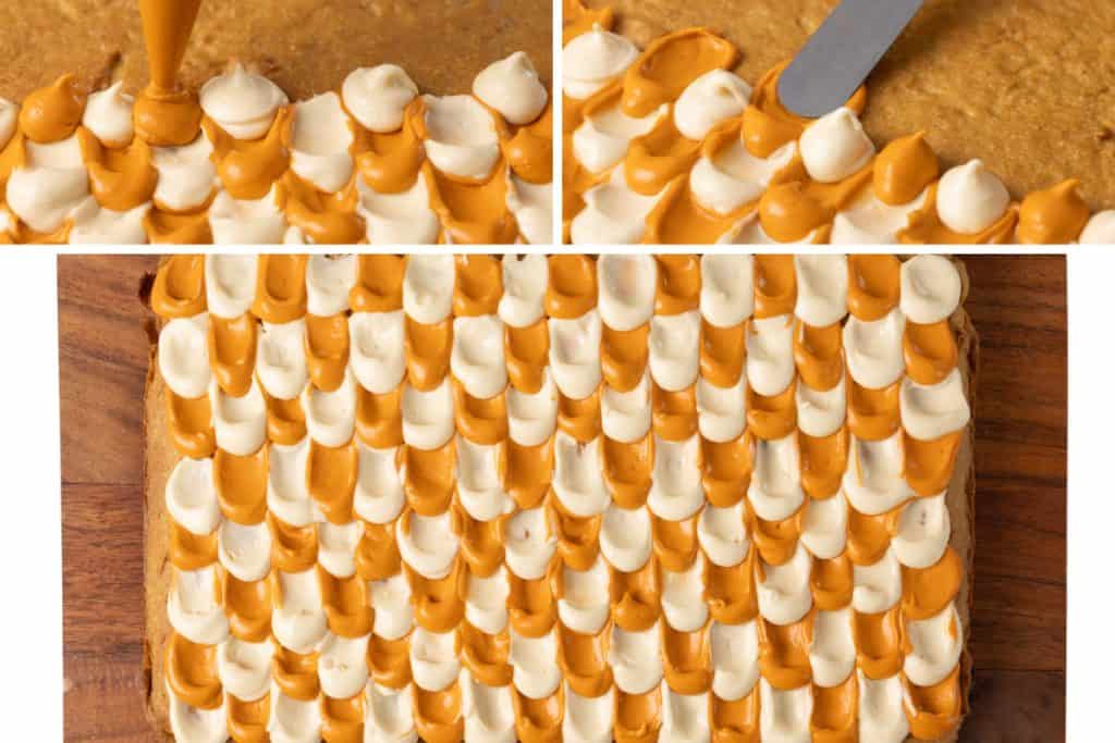 A rectangular pumpkin spice cake decorated with a pattern of alternating orange and white frosting petals applied with a piping bag and smoothed with a spatula.
